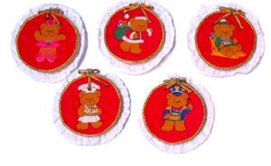 Handmade Five Christmas Bear Ornaments 5-inch Hoop Set Red Fabric & White Lace